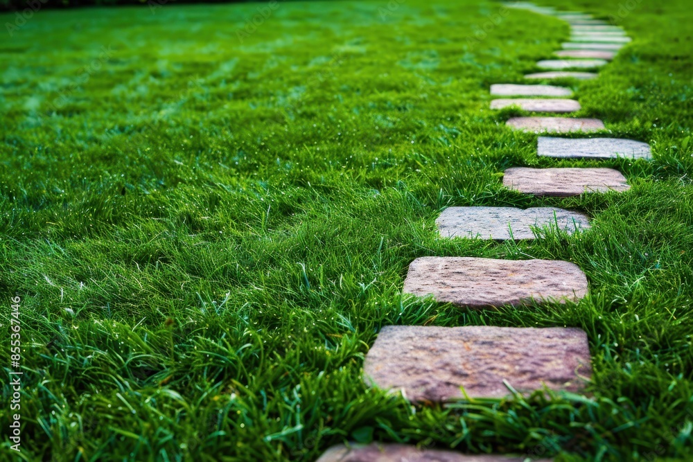 A neatly arranged stone path cuts through vibrant green grass, leading into the distance A neatly arranged stone path cuts through vibrant green grass, leading into the distance