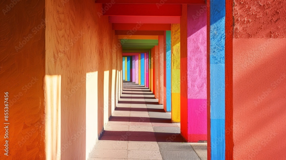 Fototapeta premium Vibrant Art Installation: Colorful Tunnel Walkway