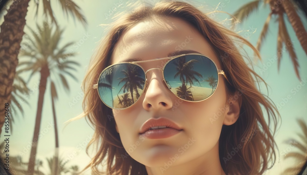 beautiful woman close-up portrait with palms reflections in sunglasses, summer or spring break vibes beautiful woman close-up portrait with palms reflections in sunglasses, summer or spring break vibes