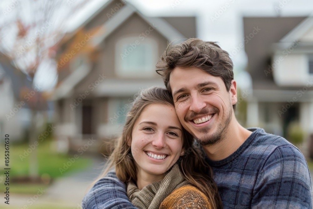 Happy Couple Smiling in Front of New Home, Real Estate and Family Concept Happy Couple Smiling in Front of New Home, Real Estate and Family Concept