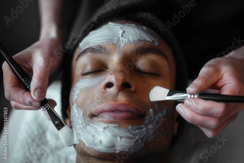 Close-up of makeup brush being applied by artist to a blurred person's face photo