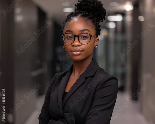 Confident Black Woman Executive Portrait: Business Attire in Office Setting