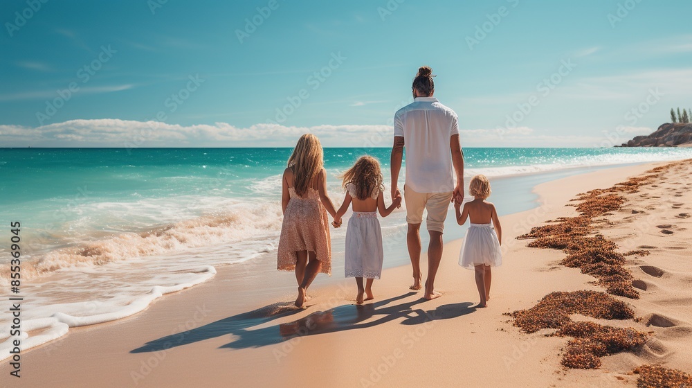 Fototapeta premium Family Walking on a Sandy Beach During a Sunny Day
