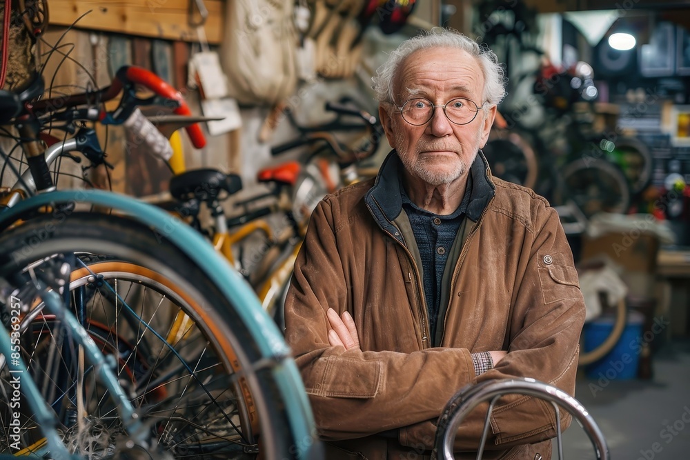 Obraz premium A senior man wearing glasses poses confidently in a bicycle shop filled with bikes and parts