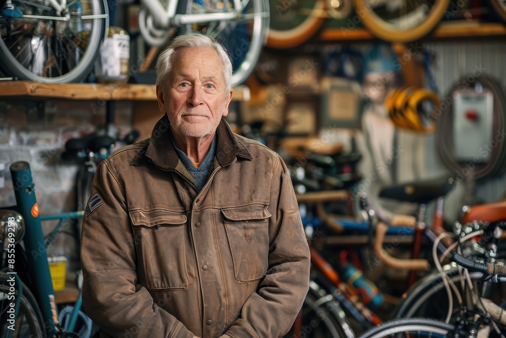 A distinguished elderly man stands proudly amidst various bicycles in his workshop A distinguished elderly man stands proudly amidst various bicycles in his workshop