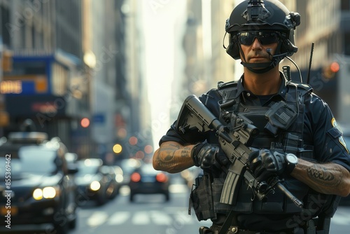 special forces police officer with assault rifle patrolling city street law enforcement concept 3d rendering