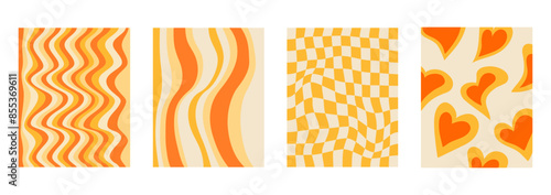 collection of trendy twirl backgrounds in hippie and y2k style. Groovy swirl and retro psychedelic aesthetic pattern. Doodle twisted geometric lines. Distorted posters. Stripes square. Spiral zebra