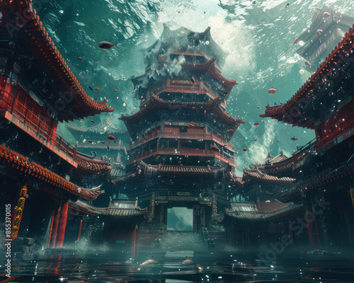 Ancient Underwater Asian Temple Surrounded by Mystical Blue Green Waters and Enchanting Debris Creating an Otherworldly Atmosphere © pisan