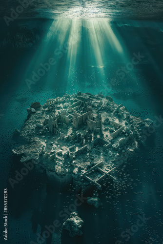 Mysterious Underwater City Ruins Ancient Architecture Submerged Under the Ocean, Sunlight Rays Piercing Through Water, Enigmatic History and Beauty Hidden Beneath the Sea photo