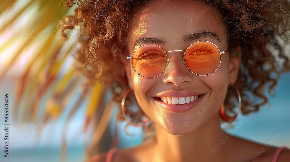 beautiful woman close-up portrait with palms reflections in sunglasses, summer or spring break vibes beautiful woman close-up portrait with palms reflections in sunglasses, summer or spring break vibes