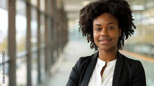 Professional Black Businesswoman Headshot: Modern Office Hallway Background