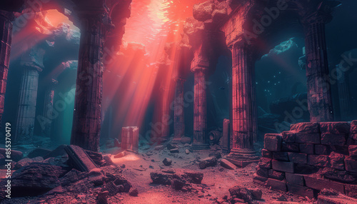 Sunlit Underwater Ancient Ruins A Serene Exploration of an Underwater Roman Temple with Beautiful Sunrays Penetrating Through the Clear Water, Illuminating the Mysterious Sunken Architecture photo