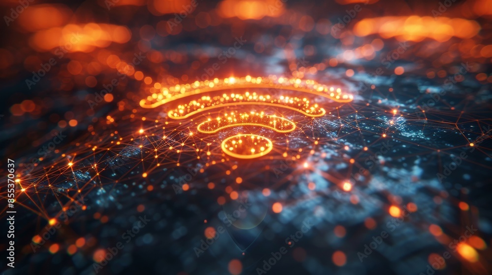 Wi-Fi symbol on a digital network, glowing orange lights. Connectivity and technology concept Wi-Fi symbol on a digital network, glowing orange lights. Connectivity and technology concept