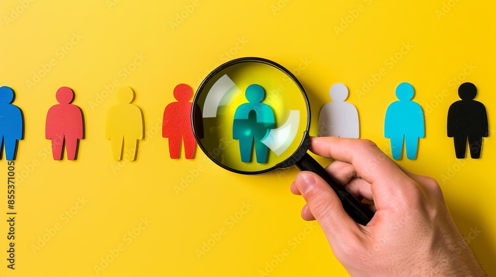 Hiring people Human Resource Hand with a magnifying glass focusing on various human figures in different colors Hiring people Human Resource Hand with a magnifying glass focusing on various human figures in different colors