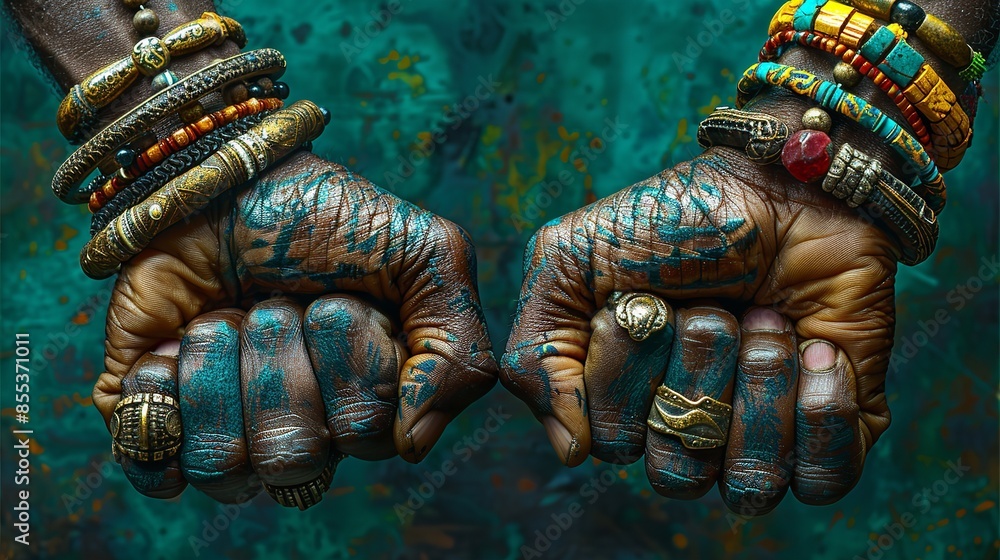 Fototapeta premium A close-up image of two fists, each adorned with elaborate jewelry, against a teal background