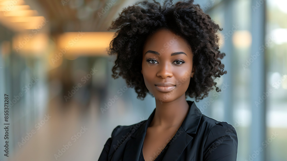 Confident Black Businesswoman in Professional Clothing: Headshot in Office Hallway Confident Black Businesswoman in Professional Clothing: Headshot in Office Hallway