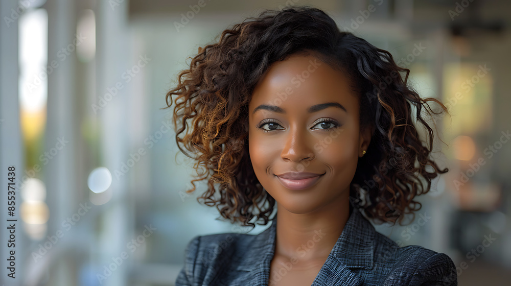 Confident Black Businesswoman in Professional Clothing: Headshot in Office Hallway Confident Black Businesswoman in Professional Clothing: Headshot in Office Hallway