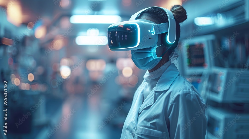 Doctor wearing a virtual reality headset in a futuristic lab, medical innovation concept Doctor wearing a virtual reality headset in a futuristic lab, medical innovation concept