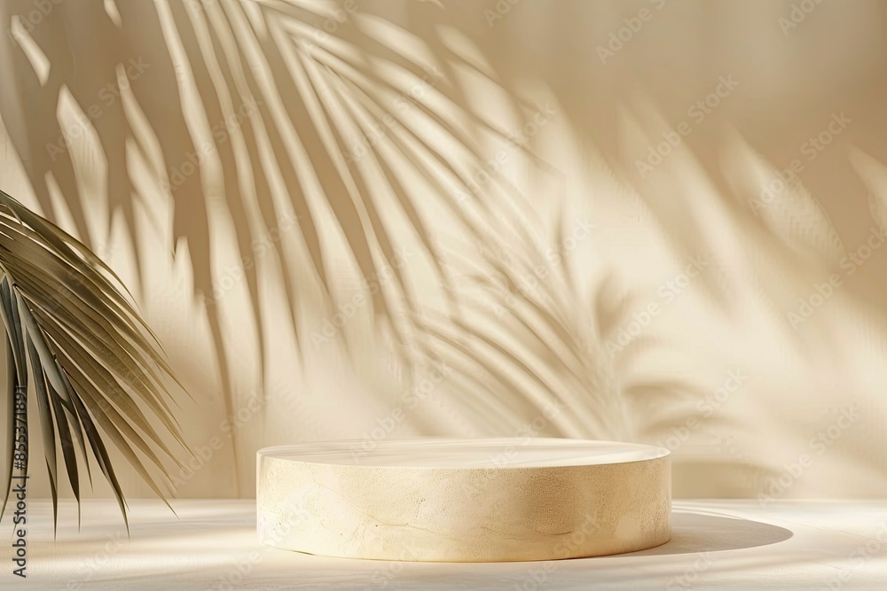 Beige background for product presentation with shadow of tropical palm leaves and light. Podium, stage pedestal platform for cosmetic product. Empty round podium. Mockup - generative ai Beige background for product presentation with shadow of tropical palm leaves and light. Podium, stage pedestal platform for cosmetic product. Empty round podium. Mockup - generative ai