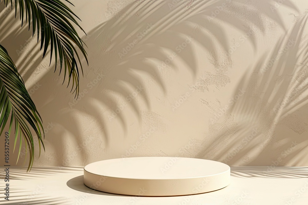 Beige background for product presentation with shadow of tropical palm leaves and light. Podium, stage pedestal platform for cosmetic product. Empty round podium. Mockup - generative ai Beige background for product presentation with shadow of tropical palm leaves and light. Podium, stage pedestal platform for cosmetic product. Empty round podium. Mockup - generative ai