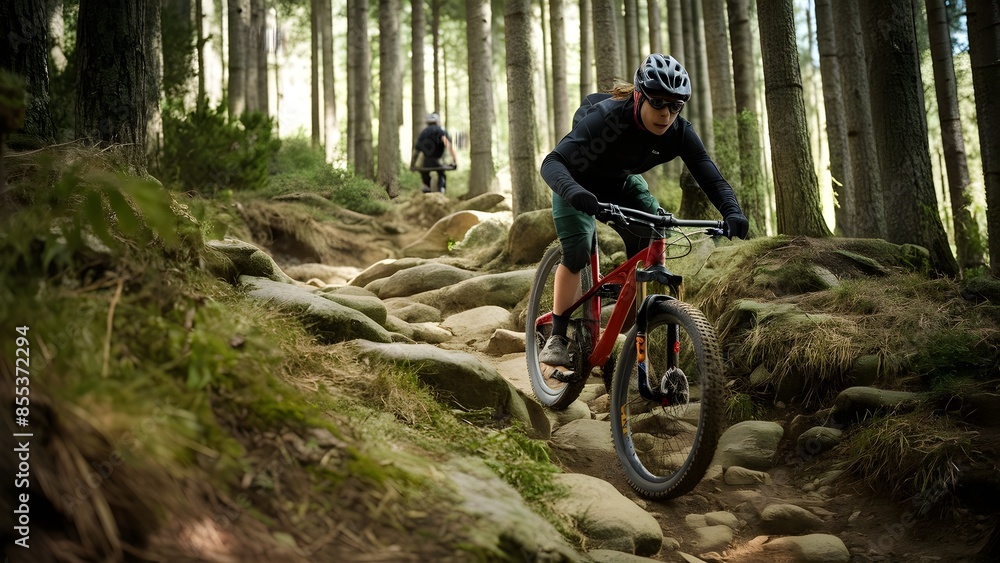 Capture a mountain biker navigating a rocky trail.
Capture a mountain biker navigating a rocky trail.