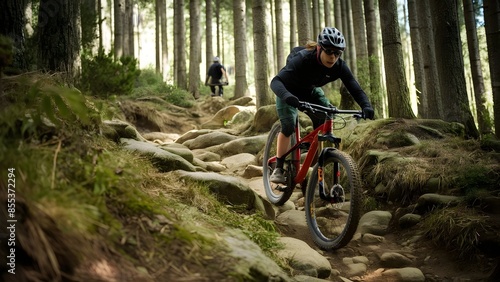 Capture a mountain biker navigating a rocky trail. 