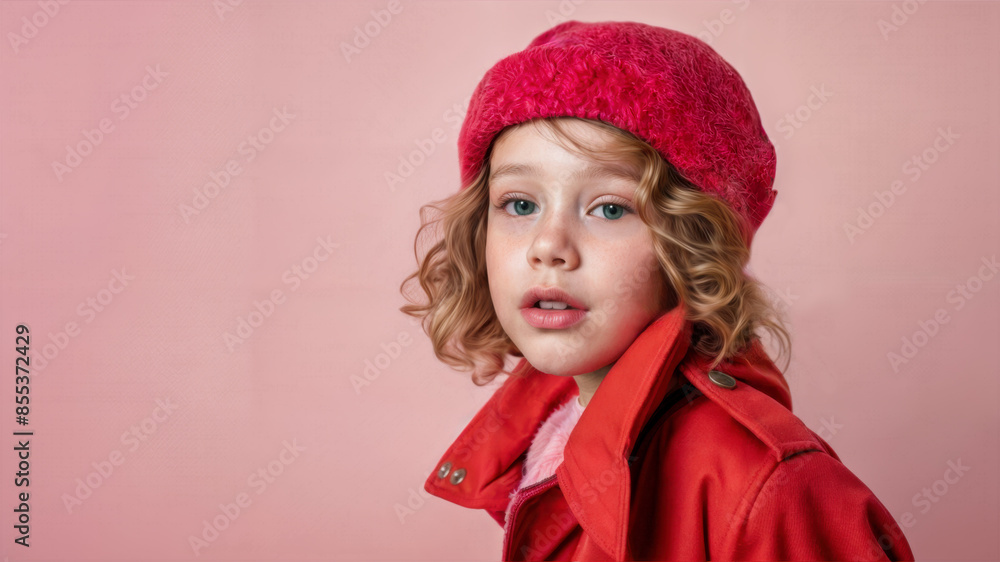 A young pre-teen female model wearing a red hat and coat and isolated against a pink background. Copy space. A young pre-teen female model wearing a red hat and coat and isolated against a pink background. Copy space.