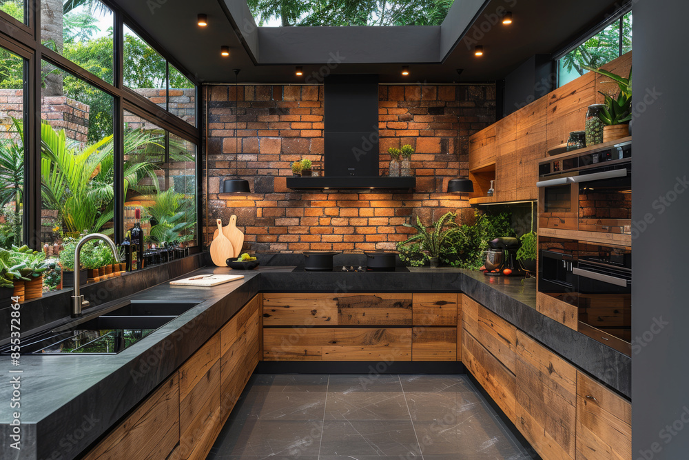 custom made wallpaper toronto digitalPanoramic Black and Wooden Kitchen