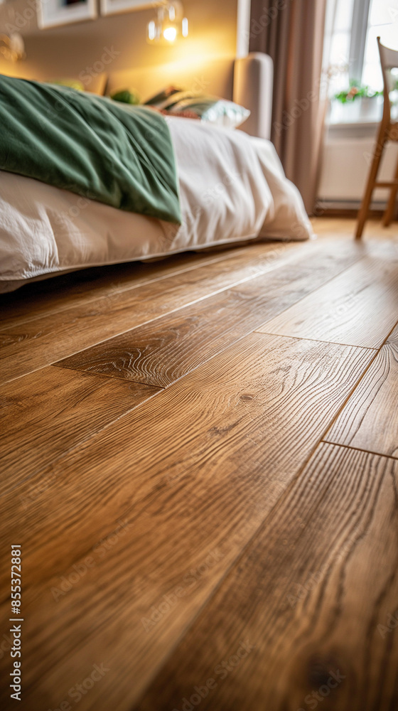 A bedroom with hardwood floors, showcasing the beauty of new wood flooring in an apartment setting. Taken from the upper diagonal. The floor is painted and features natural grain patterns