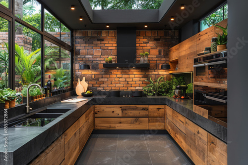 Wallpaper Mural Panoramic Black and Wooden Kitchen Torontodigital.ca