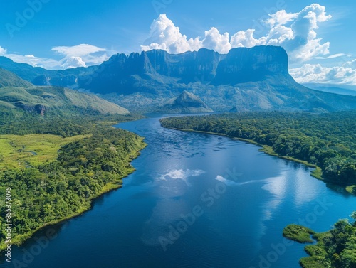 Aerial view of the Canaima Lagoon with its serene waters and surrounding tepuis in Venezuela   © mozzang