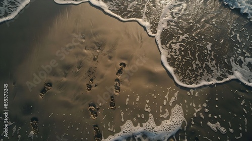 Irregular human and animal footprints on the sand of Seminyak beach Badung Bali Indonesia : Generative AI photo