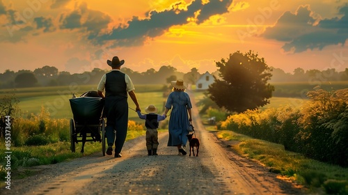 Amish Family with animals View Sunset Sugarcreek Ohio created 082322 : Generative AI photo