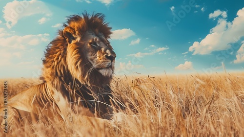 A beautiful male leon in a sunny morning in the savannah Kenya Africa : Generative AI photo