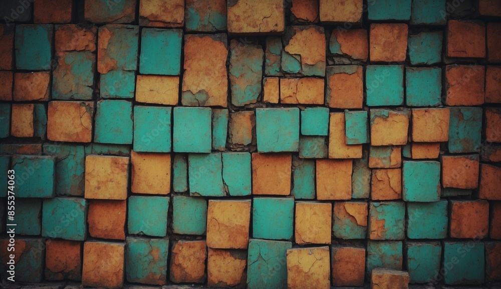 Weathered teal and orange bricks wall Weathered teal and orange bricks wall