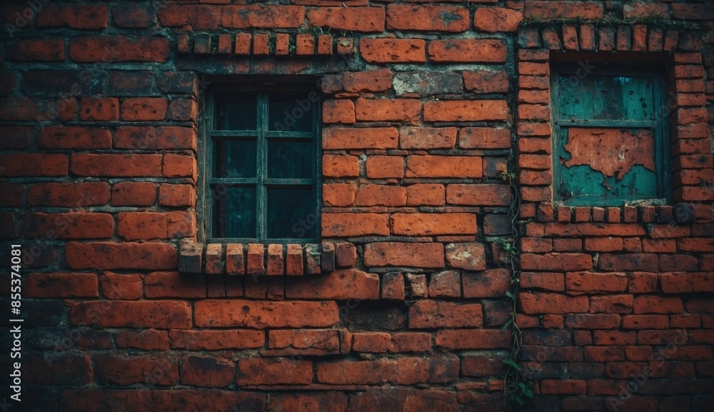Aged brick wall with weathered window frames Aged brick wall with weathered window frames