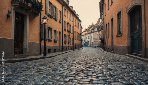 Quaint European cobblestone street at dusk