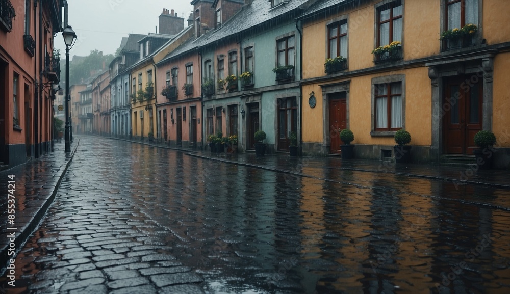 Naklejka premium Rainy cobblestone street in old European town