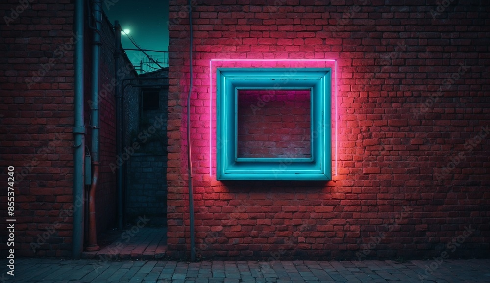 Fototapeta premium Pink neon light framing window on brick wall