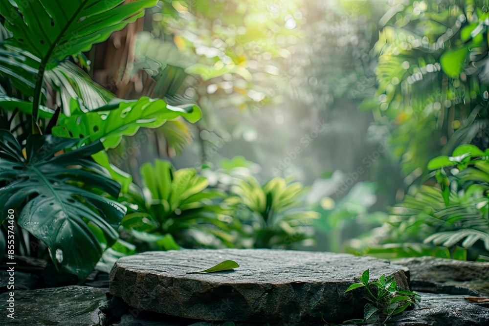 Stone tabletop podium floor in outdoors tropical garden forest blurred green leaf plant nature background.Natural product placement pedestal stand display,jungle paradise concept - generative ai Stone tabletop podium floor in outdoors tropical garden forest blurred green leaf plant nature background.Natural product placement pedestal stand display,jungle paradise concept - generative ai