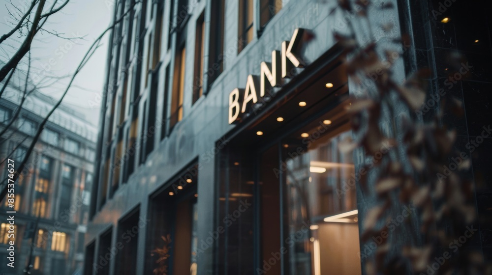 A modern bank building exterior captured at dusk, showcasing the sleek architecture and urban financial environment. A modern bank building exterior captured at dusk, showcasing the sleek architecture and urban financial environment.