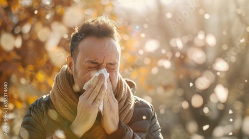 A man sneezes into a tissue in a sunlit autumn park, surrounded by falling leaves, highlighting seasonal allergies. photo