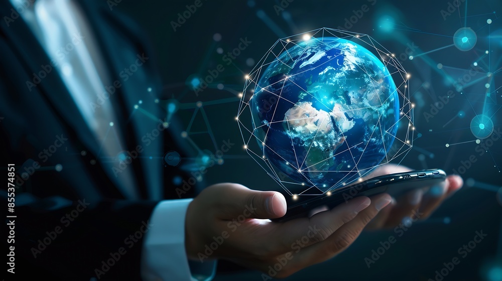 Businessman holding smartphone with virtual Global Internet connection Global internet connection application technology and digital marketing Financial and banking Digital link tech b : Generative AI Businessman holding smartphone with virtual Global Internet connection Global internet connection application technology and digital marketing Financial and banking Digital link tech b : Generative AI