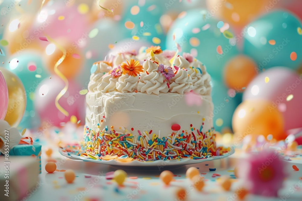 A vibrant and festive celebration cake adorned with colorful flowers and swirls of icing, set amidst a joyful background of balloons and confetti. A vibrant and festive celebration cake adorned with colorful flowers and swirls of icing, set amidst a joyful background of balloons and confetti.