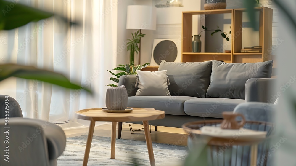 Interior of light living room with grey sofa armchair and wooden coffee table : Generative AI Interior of light living room with grey sofa armchair and wooden coffee table : Generative AI