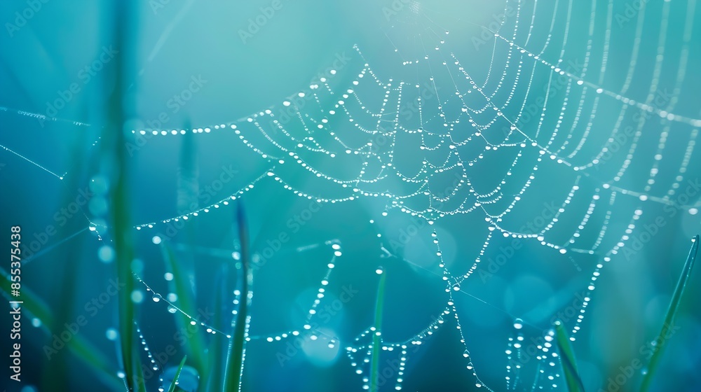 Naklejka premium Beautiful natural background with necklace of water droplets on a cobweb in grass in spring of summer in blue tones Texture Dew drops on a spider web in nature closeup macro with soft : Generative AI