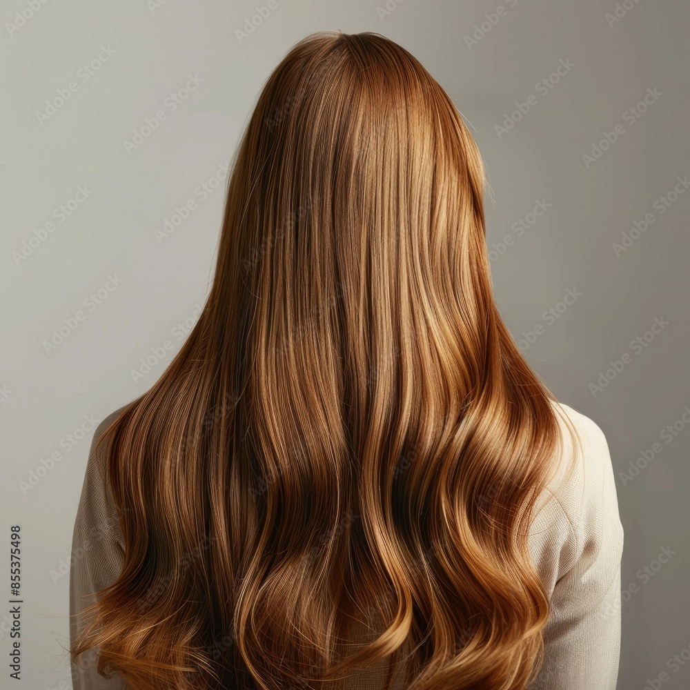 Fototapeta premium Back view of a woman in a studio, showcasing shiny, healthy hair for a hair care concept
