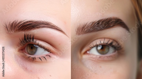 Beauty Close Up Womans Eyebrows Before And After Correction Difference Between Female Face With And Without Permanent Makeup : Generative AI