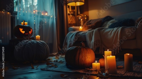 Interior of dark living room with Halloween pumpkins and burning candles : Generative AI photo