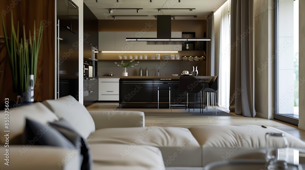 Modern interior design featuring an open concept kitchen and cozy living room : Generative AI Modern interior design featuring an open concept kitchen and cozy living room : Generative AI